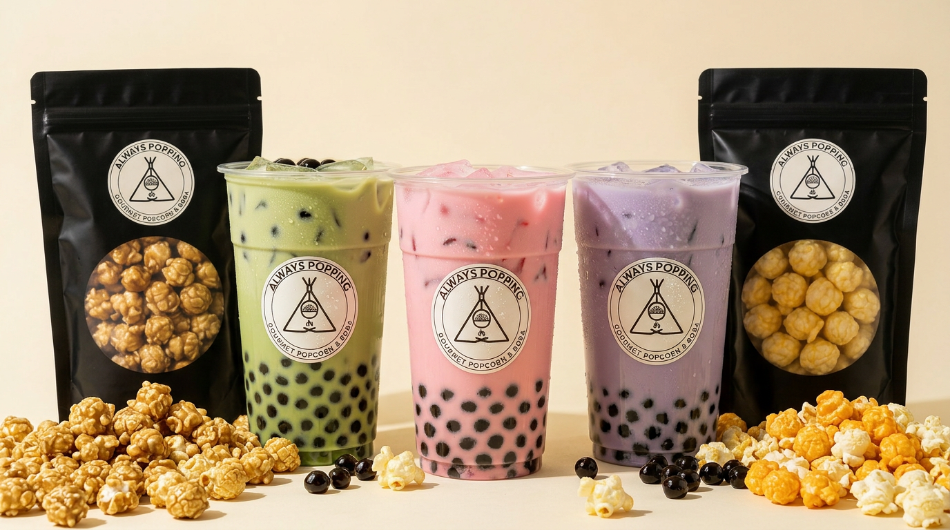 Colorful boba drinks and gourmet popcorn